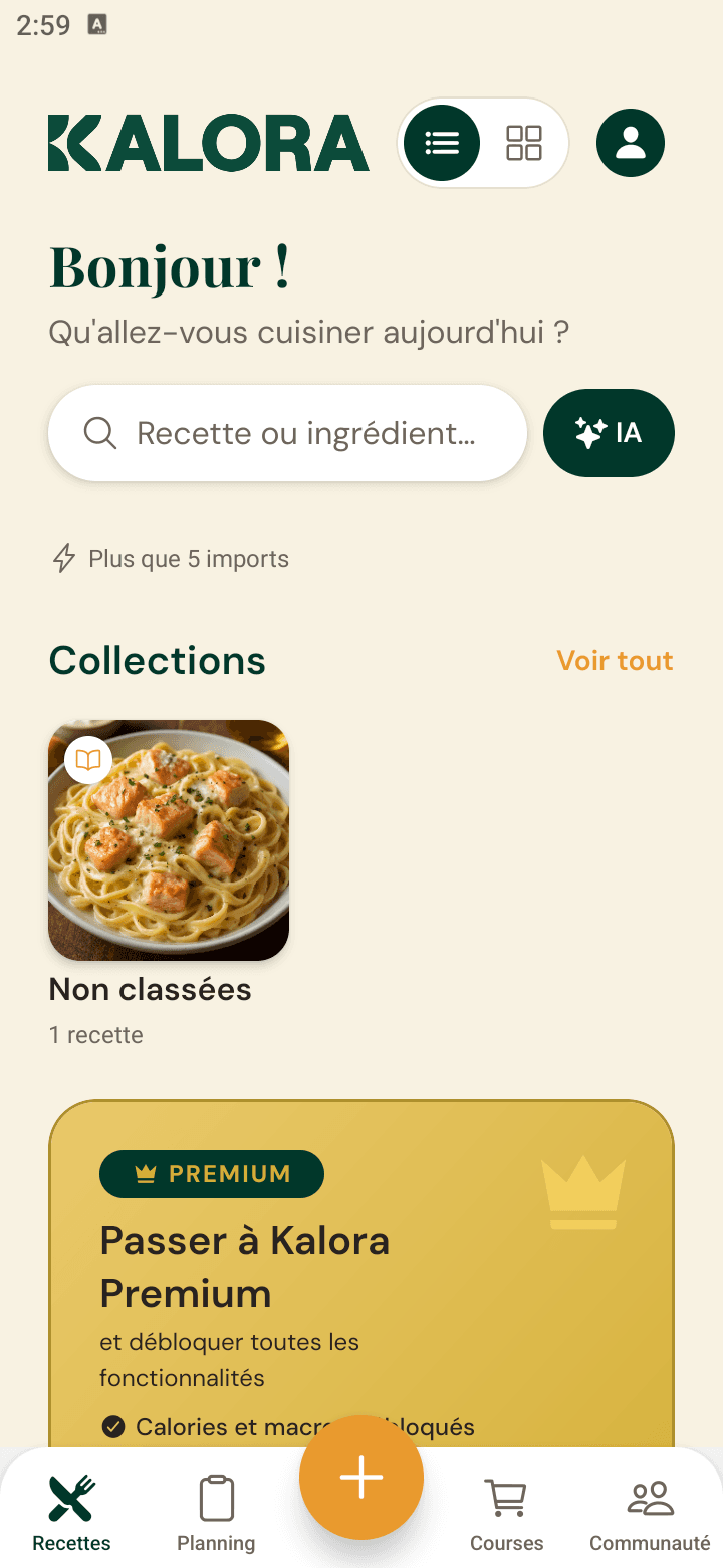 Écran Recettes de l'app Kalora, avec les recettes déjà importées