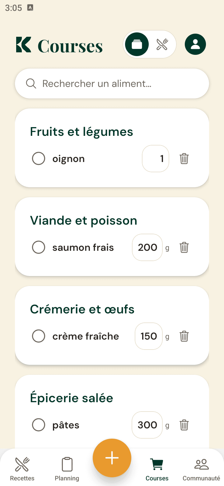 Écran Courses de Kalora, la liste regroupée par rayon