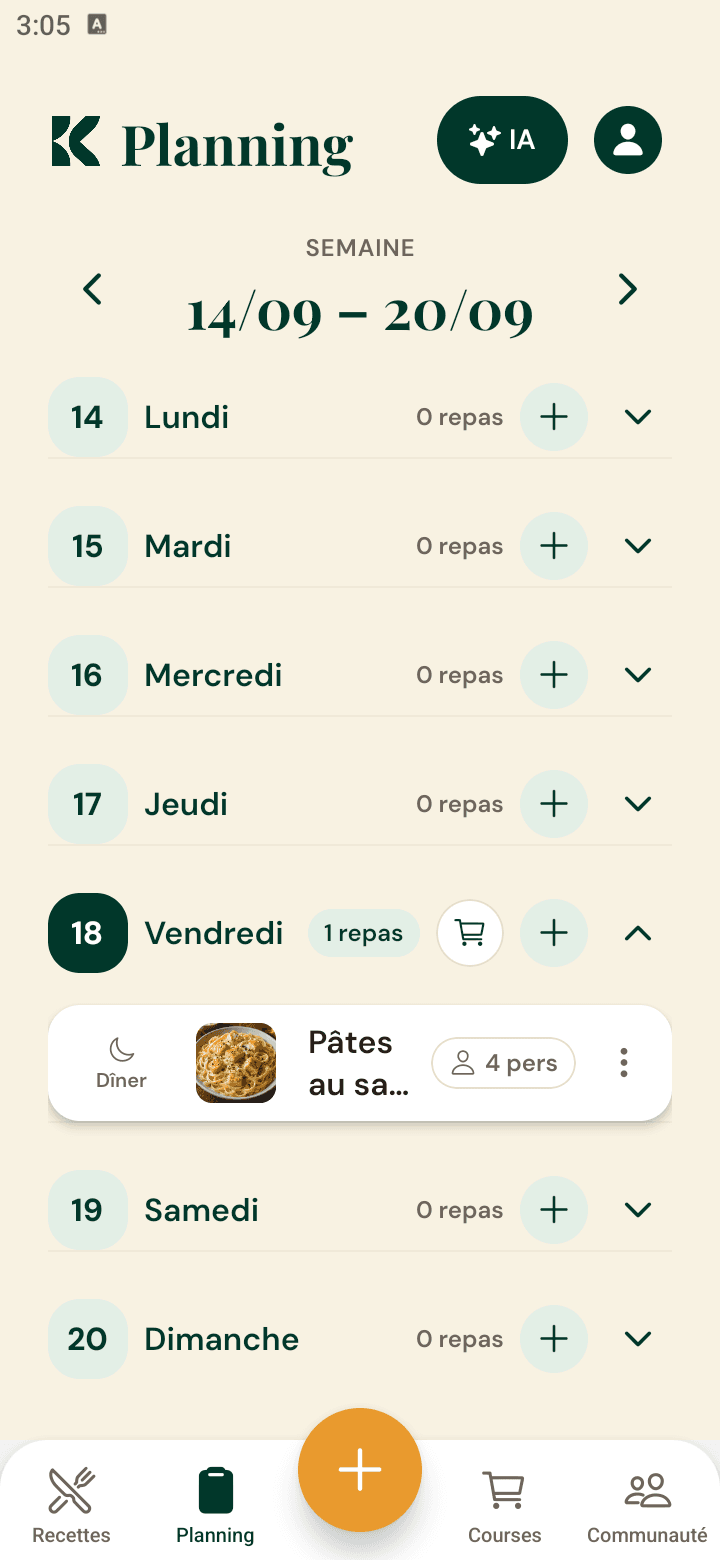 Écran Planning de Kalora, avec une recette planifiée au dîner du vendredi